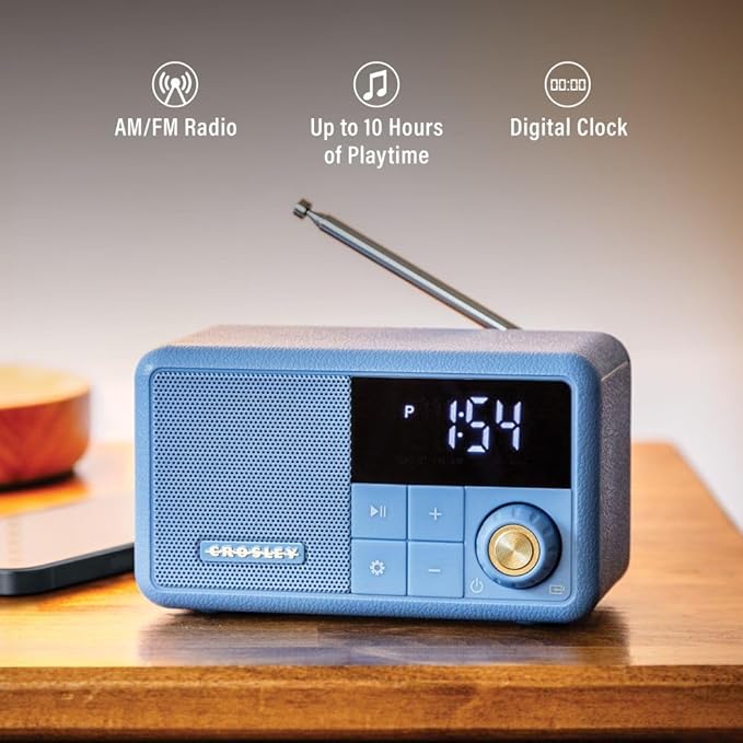Crosley CR1121A-EB Cooper Retro AM/FM Radio, Portable Bluetooth Speaker with Aux Input and LED Display, Elemental Blue