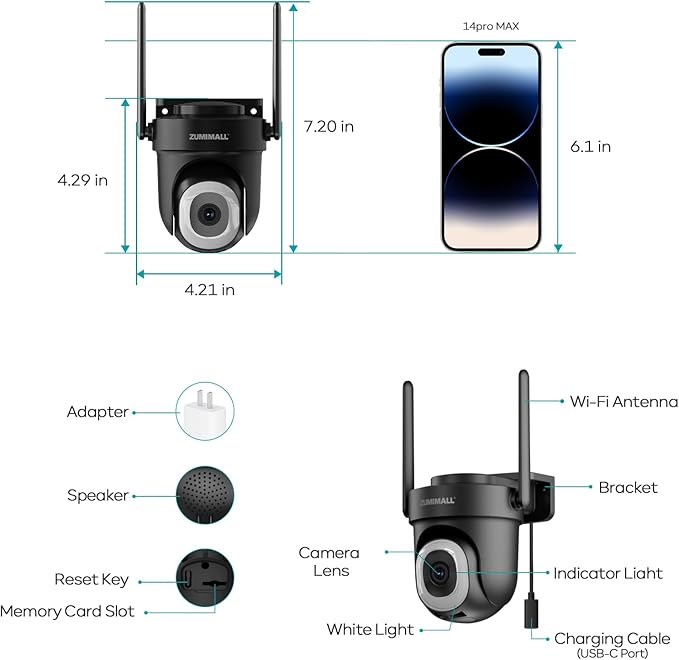 ZUMIMALL 5MP 5G Cameras for Home Security, 24/7 Recording Outdoor Wired Camera, 360°PTZ, Auto Tracking, Motion & Noise Alerts, Alexa Compatible, IP66