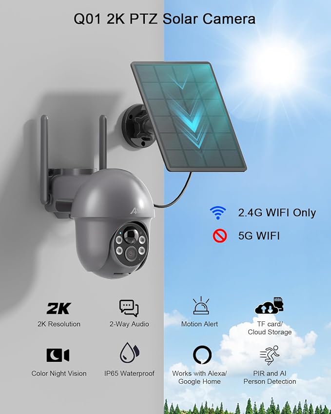 ANRAN 3MP Security Camera Wireless Outdoor, 2K Solar Outdoor Camera with 360° View, Smart Siren, Spotlights, Color Night Vision, PIR Human Detection, Pan Tilt Control, 2-Way Talk, Q01 Grey 2 Packs