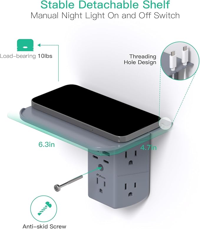 Wall Outlet Extender with Shelf and Night Light, Surge Protector, USB Wall Charger with 5 AC Outlets and 2 USB A Ports 2 USB C Ports Wide Space 3-Sided Power Strip Multi Plug Outlets, Gray