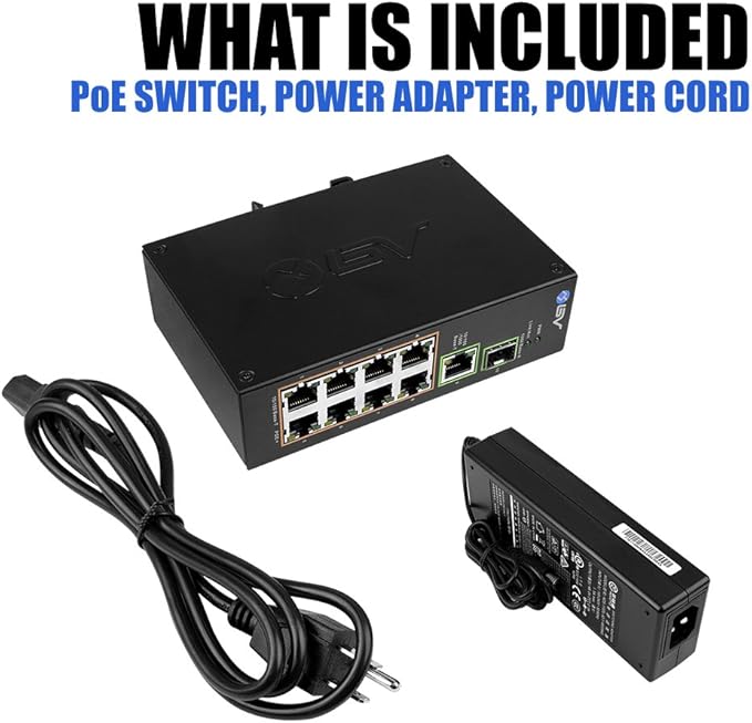 BV-Tech 8 Port PoE Switch with 1 Gigabit Uplink and Industrial DIN Rail - Power Over Ethernet Network Switch for IP Cameras, VoIP Phones, Wireless APs - IEEE802.3af/at, Wide Temperature Range