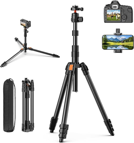 XXZU 71" Camera Tripod, Tripod for Camera Phone with 360°Ball Head and Smartphone Holder, Aluminum DSLR Tripod Stand, Travel for Phone/DSLR/SLR/Projector/Video Recording, Max Load 8kg/17.64lb