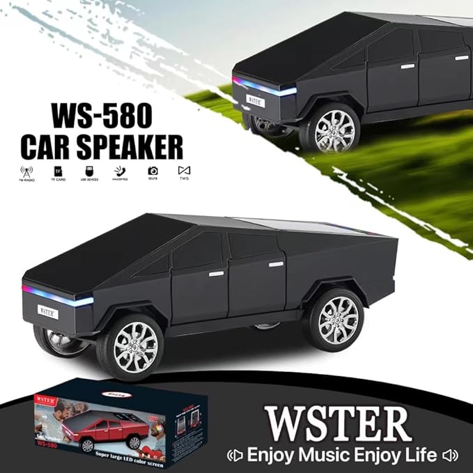 WS-580 Bluetooth Pickup Truck Replica Portable Speaker,with Display Screen,HD Sound, TWS Pairing, FM Radio,Built-in Microphone Hands-Free Calling, LED Party Light, Surprise Gift for Car Lovers(Black)