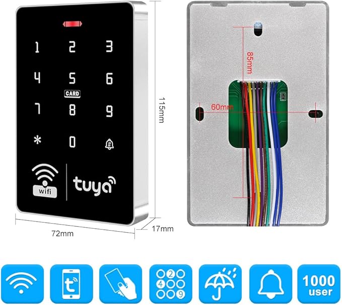 WiFi Smart Access Controller, IP68 Waterproof RFID Keypad, Tuya APP Remote Control, Wiegand 26/34, Dual-Frequency(125KHz/13.56MHz), Unlocking Records Tracking