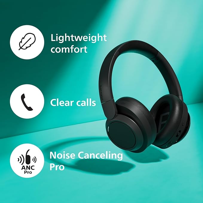 PHILIPS H6509 Wireless Headphones,Over-Ear Bluetooth Headphones with Noise Canceling Pro,Dynamic Bass,70H Battery Life,Fast Charging,Soft Ear Cups,Bluetooth 5.3, Multipoint Connectivity,App Control