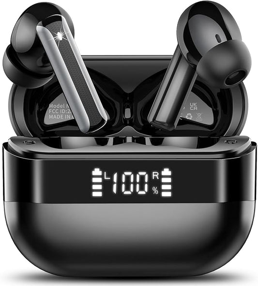 Wireless Earbuds, Bluetooth 5.4 Headphones with HiFi Stereo, in Ear Earphones with 4 ENC Mics, 48H Bluetooth Earbuds with LED Display Charging Case, IP7 Waterproof Ear Buds for Android iOS Black