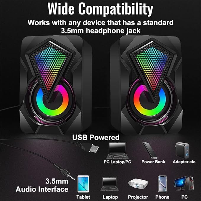 NJSJ Computer Speakers with Colorful RGB Lights, USB Powered 3.5mm Aux- in Mini PC Speakers, Crystal Sound Portable Speaker for Desktop Laptop Monitor Black