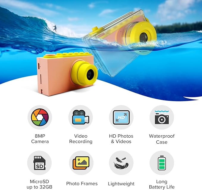 myFirst Camera 2 - Kids Action and Underwater Camera, 8MP 1080P HD Video, Toddler Digital Camera, Webcam, Tripod Mount, MicroSD Card, Neck Lanyard, Christmas or Birthday Gift for Kids 3-12 (Pink)