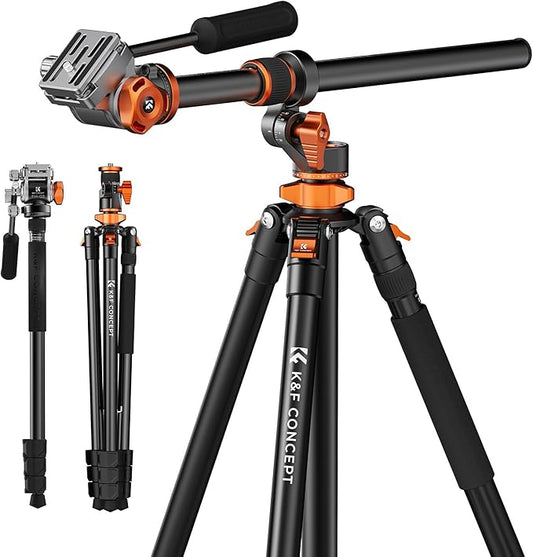 K&F CONCEPT 90''/230cm Overhead Camera Tripod, Horizontal Shooting Video Tripods with Fluid Head Heavy Duty 10KG Load Capacity, Detachable Monopod, for Indoor and Outdoor Use T254A7+FH-03
