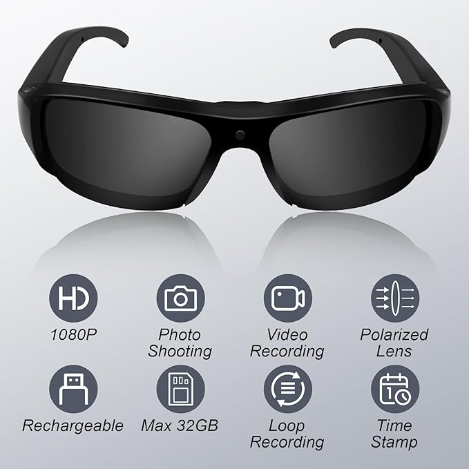 Camera Sunglasses Sports Action Smart Glasses Cam 1080P Video Camera Glasses UV Protection Polarized Lens Support Photos/Videos Recording mit 16GB Micro SD Card & Card Reader for Outdoor Activities