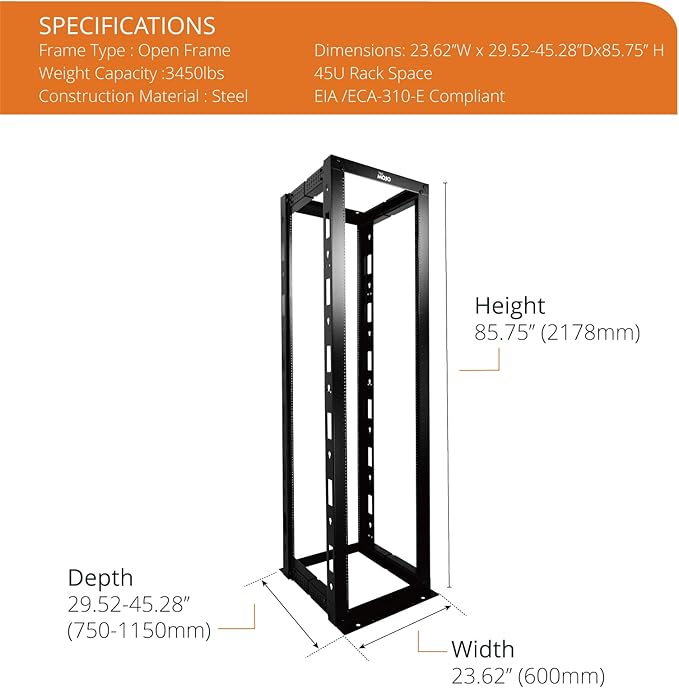 Tecmojo 45U 4-Post Open Frame Server Rack, Adjustable Depth 23.6 inch-39.3 inch – 19" Network, Server, AV, Data & IT Equipment, Telecom & Patch Panel Mount, 3450 lbs Capacity, Black,Tapped Hole