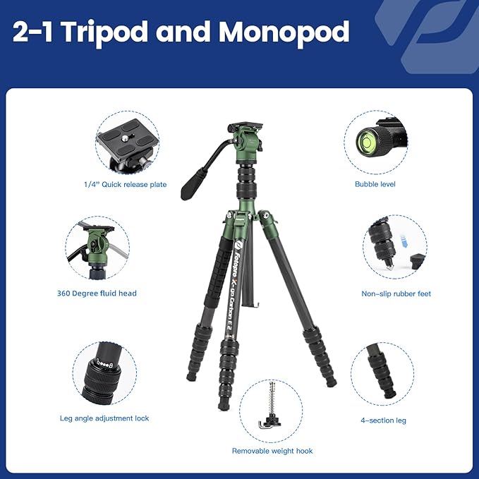 Fotopro 59" Carbon Fiber Travel Tripod, Compact Video Tripods with Fluid Head, Detachable Monopod with Arca-Swiss Quick Release Plate and Bag, Camera Tripod Load up to 8KG/17.63lbs, Green