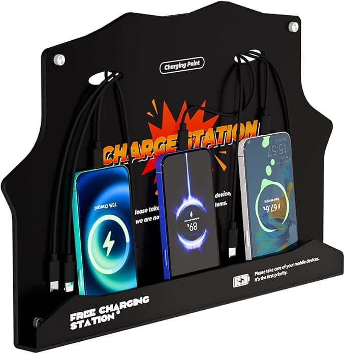 Wall Mounted Cell Phone Charging Station with 8-Port High-Speed Cables – Universal Dock for Apple, Type-C & Android Devices – Ideal for Airports, Hotels, Malls, Offices, Schools (Black)