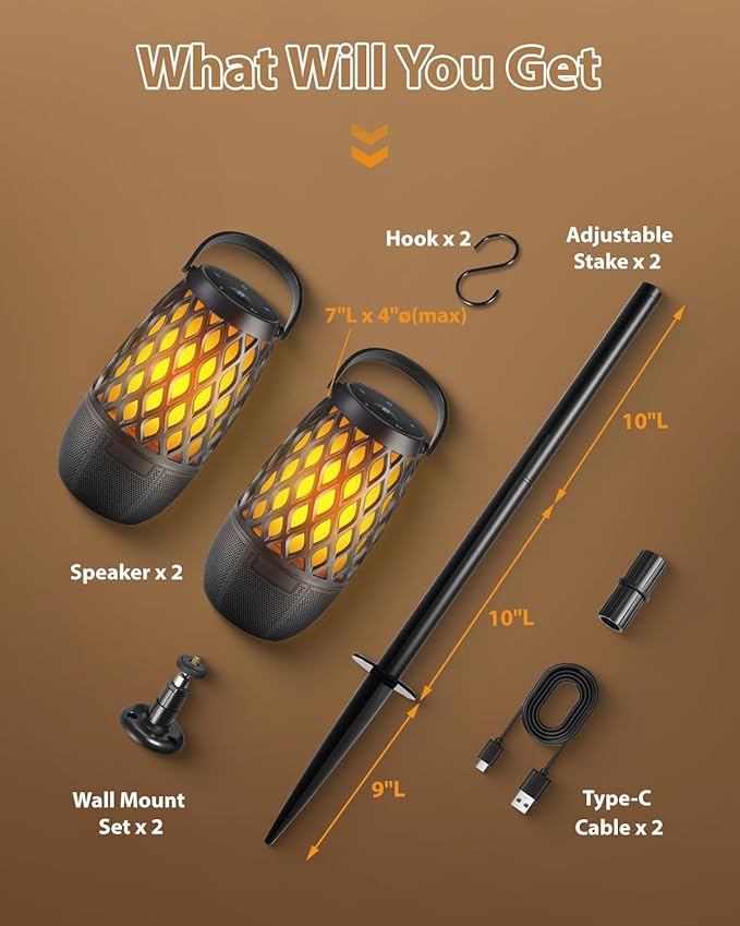 Outdoor Bluetooth Speakers Waterproof Wireless Outdoor Speakers with Flame Lights, Tech Gadgets Gift for Men Dad Her, Multi-Sync up to 100 Speakers, HD Stereo Sound, IPX5 for Patio Porch Party