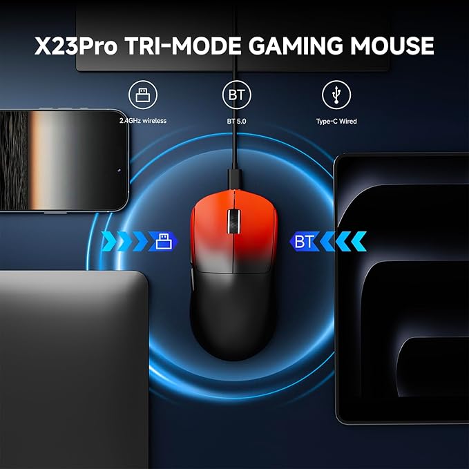 X23Pro Wireless Gaming Mouse, 2.4G/BT5.0/USB-C Esports Gaming Mouse, 800mAh Lightweight Mouse Gaming, 12000 DPI Wireless Mouse with 6 Programmable Buttons, for Laptop/PC/Mac, Black-red