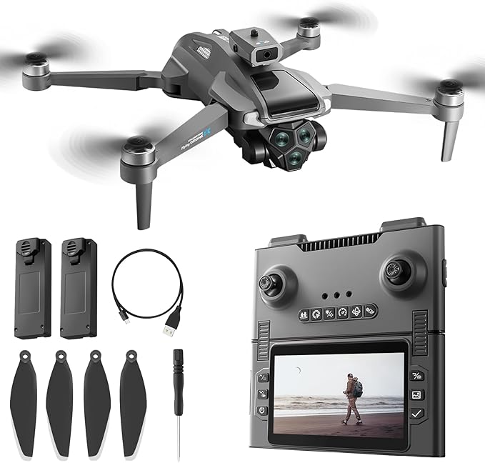 M66 Drone with New Foldable Remote Control with Screen, Two-batteries, Brushless Motor, Altitude Hold, One Key Take Off/Landing, with Black Outdoor Carrying Case.