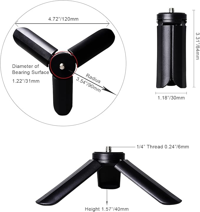 LUXCEO Mini Tripod, Desktop Stand with 1/4" Thread for Cameras, Photodraohy Light, Gimbal Handle Grip Stabilizer, Tripod Ball Head