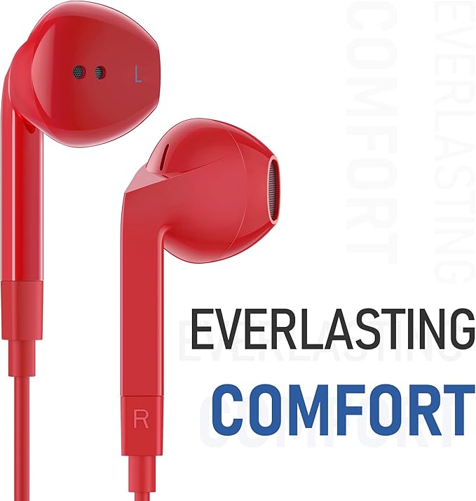 LUDOS FEROX Wired Earbuds in-Ear Headphones, 5 Years Warranty, Earphones with Microphone, Noise Isolation Corded for 3.5mm Jack Ear Buds for iPhone, Samsung, Laptop, Kids, School Students - Red