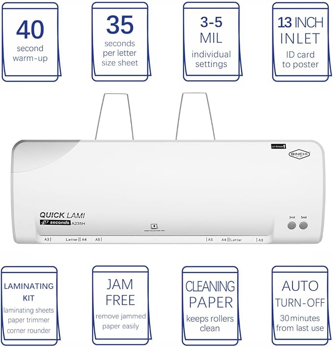 SINCHI 13-Inch Thermal Laminator Machine, 3–5 Mil, 40s Warm-Up, 20"/Min, Jam Release, Auto Shutoff, All-in-One Kit with 10 Pouches, Trimmer & Rounder, Cleaning Paper, Ideal for Home, Office, School