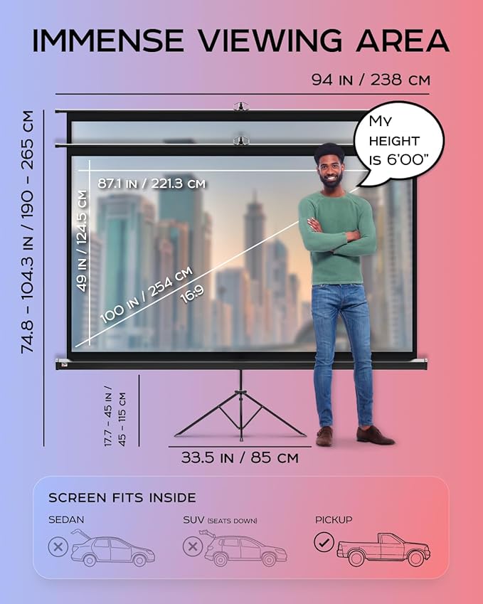 100 Inch Indoor and Outdoor Projector Screen with Stand for Movies or Presentations - HD Premium 16:9 Folding Free Tripod Screen with Carry Bag and Straps, Matte