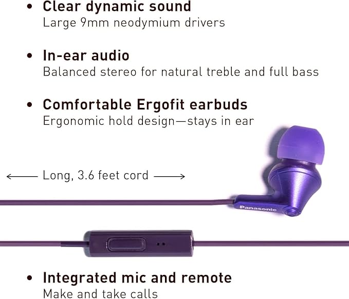 Panasonic ErgoFit Wired Earbuds With Microphone, 3.5mm Jack Headphones with Mic and Call Controller, Ergonomic Custom-Fit Earpieces (S/M/L), for Phones and Laptops - RP-TCM125-VA (Metallic Purple)