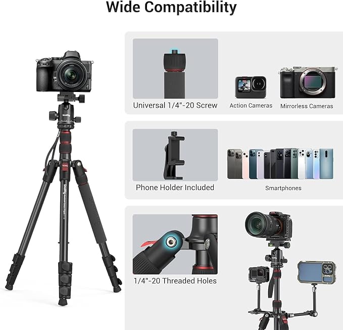 SmallRig CT-20 Camera Tripod, 78.7" Foldable Aluminum Tripod & Monopod, 360°Ball Head Detachable, Payload 33lb (200cm/78.7")