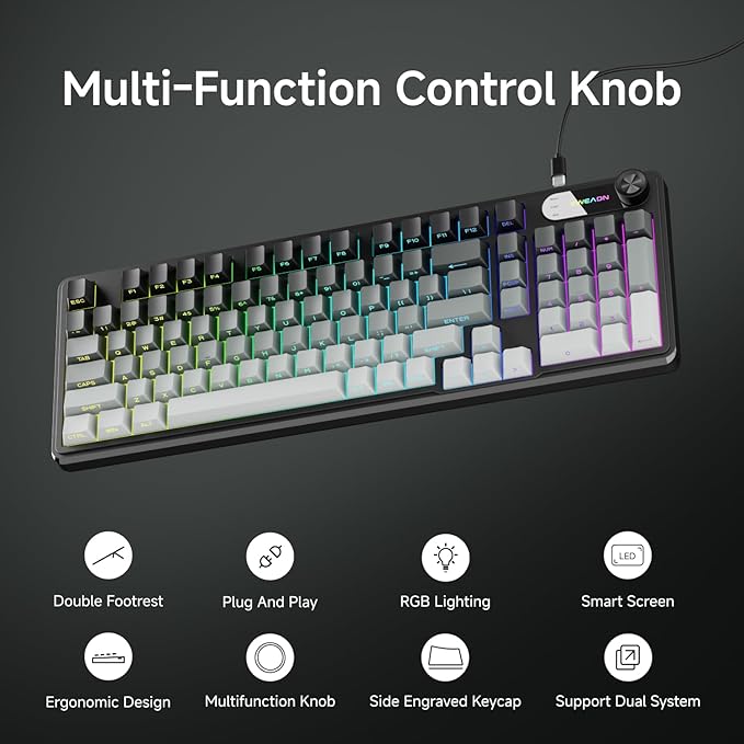 V102 Wired Keyboard, 98 Keys Creamy Gaming Keyboard with Number Pad, Display Screen & Media Knob RGB Silent Wired Cute Computer Keyboard for Laptop PC Gamer-Gradient Black