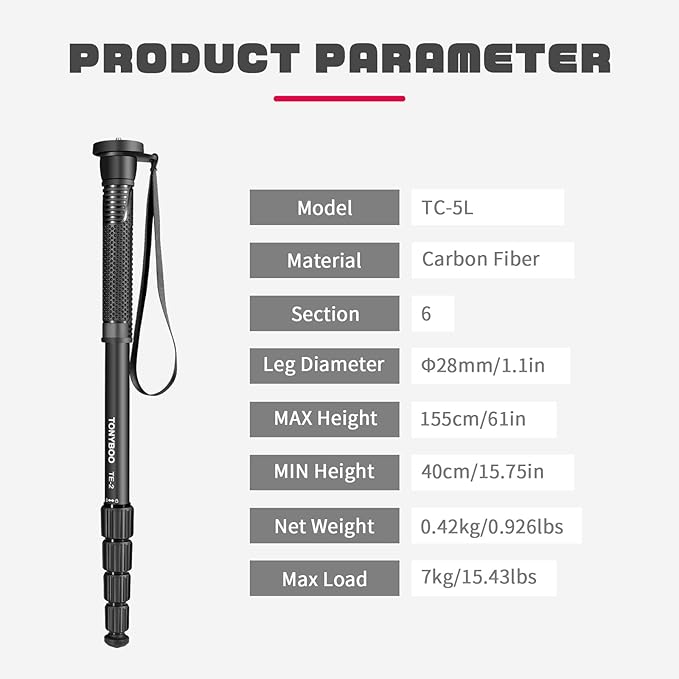 TONYBOO TC-5L 61 inch Camera Monopod,28mm Carbon Fiber Monopod,6-Section Height,Portable Lightweight,Max Load 16 lbs,Heavy Duty Camera Stand for Photography DSLR Canon Nikon Sony,Easy to Carry