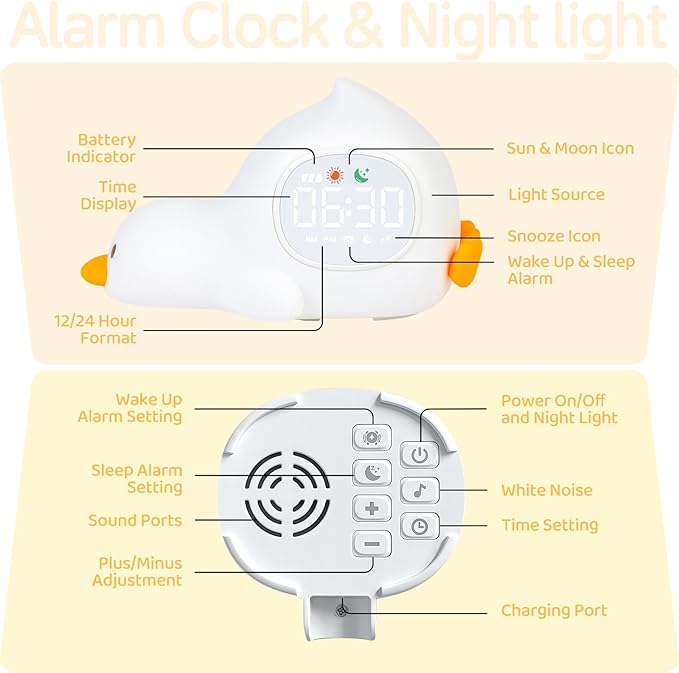 Alarm Clock for Kids with Night Light, Sleep Training Clock Time to Wake Clock, Rechargeable Silicone Light for Bedroom, Perfect Sleep Companion for Boys Girls, Laying Duck