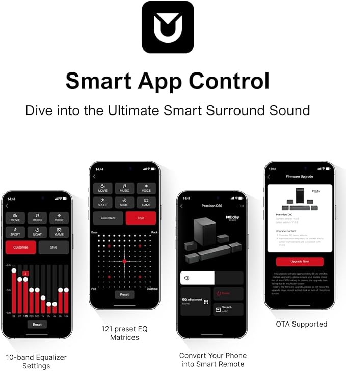 ULTIMEA 7.1Ch Soundbar with Dolby Atmos, APP Control, Surround Sound System for TV, 4 Wired Surround Speakers, Sound Bar for TV with 6.5" Wireless Subwoofer, Soundbar for TV, Poseidon D80 Upgraded