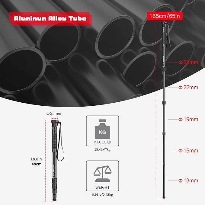 TONYBOO TE-2 65 inch Camera Monopod, Aluminum Photography Monopod with 5-Section Height Portable Compact Lightweight Travel Stick Pole,Camera Stand for DSLR Canon Nikon Sony, Easy to Carry