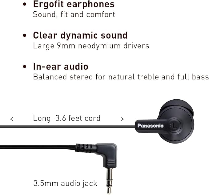 Panasonic ErgoFit Wired Earbuds, 3.5mm Jack In-Ear Headphones with Dynamic Crystal-Clear Sound and Soft Ergonomic Custom-Fit Earpieces (S/M/L), for Phones and Laptops - RP-HJE120-KA (Matte Black)