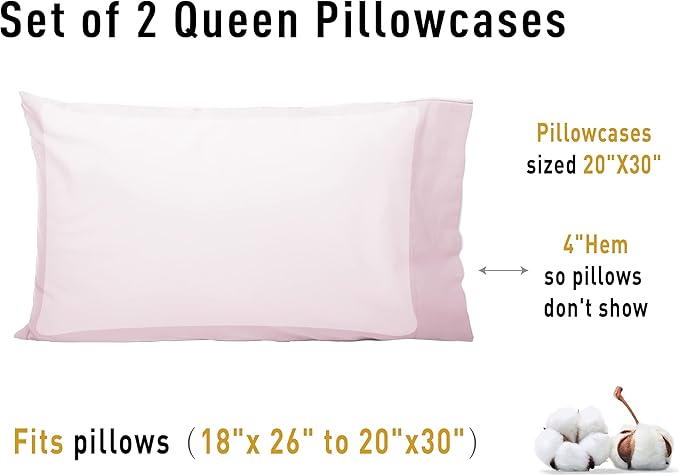 Sunflower Queen Pillowcases Set of 2, 100% Cotton Queen Pillow Cases 2, 20×30 inches Light Pink, Soft and Breathable