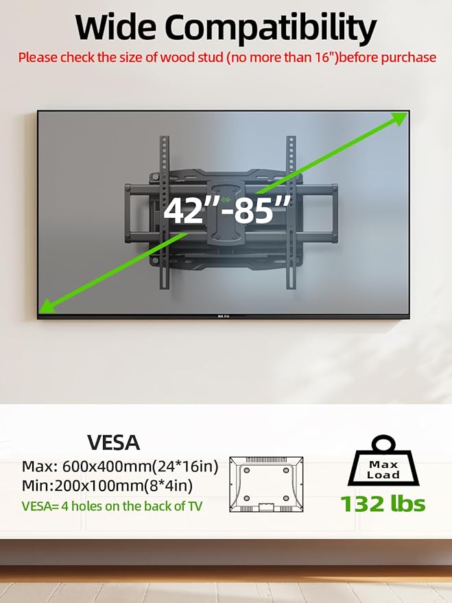 USX Mount Full Motion TV Wall Mount for 42-85 inch, TV Mount Swivel and Tilt,Wall Mount Bracket with Dual Articulating Arms Up to 132lbs, VESA 600x400mm, Max 16" Wood Studs, UL Listed XML019