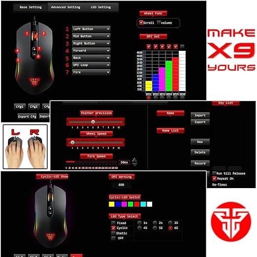 FANTECH Basic Wired Gaming Mouse X9, RGB 7 Macro Buttons Programmable True 4800 DPI Claw Grip Comfort Beginner Gaming Mouse for Window PC, Black