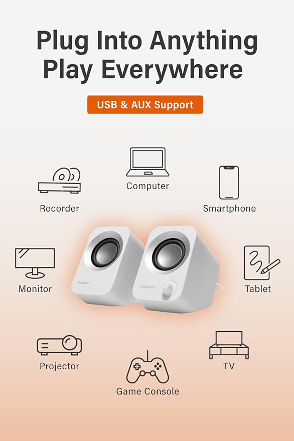 Speaker - 14W Stereo PC Speakers, USB Powered, Compact Size with 30° Tilt Design, Volume Dial Control, for Desktop, Laptop, Monitor, Gaming Consoles, White