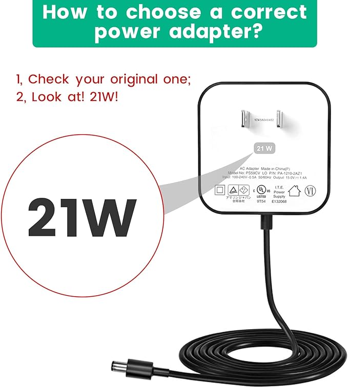 21W Power Cord Adapter for Echo Show 1st Gen., Echo 1st Gen., 2nd Generation - White Wall Charger Cable, 5ft