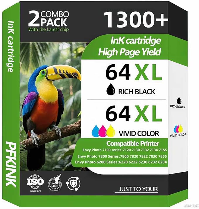 64XL Ink Cartridge Replacement for HP Ink 64, 64XL Ink Cartridge Combo Pack Works with Envy Photo 7855 7858 6252 6255 7800 7100 7155 7158 Tango Series Printer (1Black 1Color)