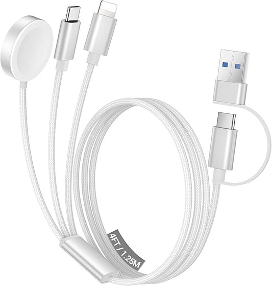 Temdan for Travel Vacation Essentials,3 in 2 USB C Cable for Apple Watch Charger/iPhone 17 Charger/Lightning,Multi Charging Cable Cord,Camping Essentials,Designed for iWatch &iPhone 16-12-4FT White