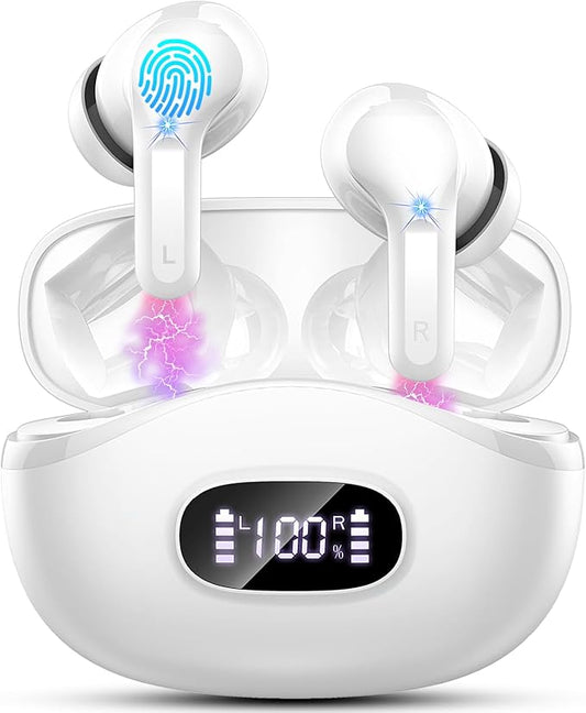 i63 Wireless Earbuds, Bluetooth 5.3 with ENC Noise Cancelling Mics, 40H Playtime, IP7 Waterproof, Touch Control, LED Display, In Ear Headphones, White