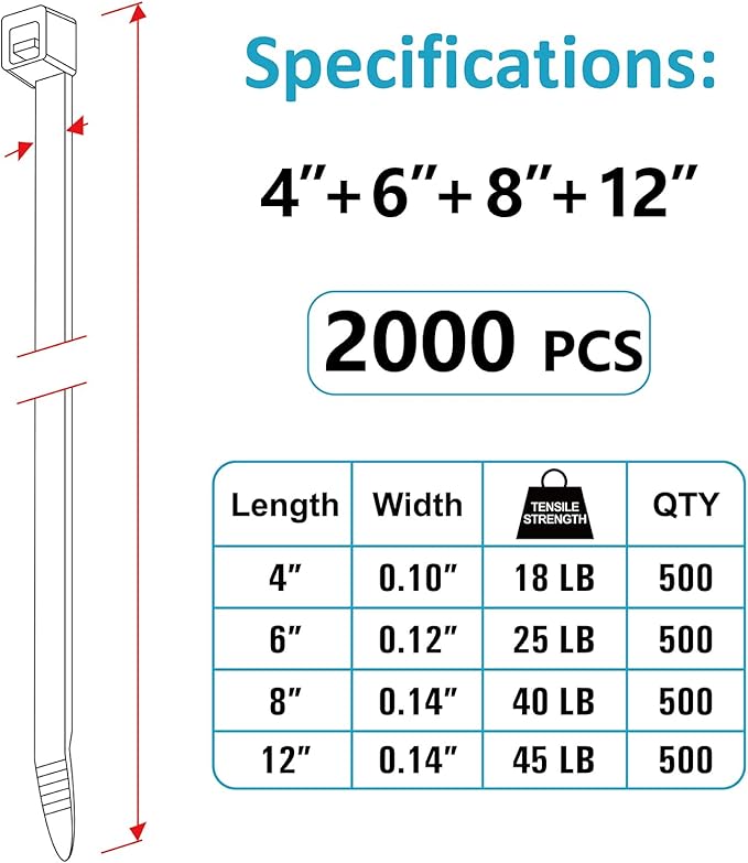 Zip Ties Assorted Sizes(4”+6”+8”+12”), 2000 Pack, Black Cable Ties, UV Resistant Wire Ties by ANOSON