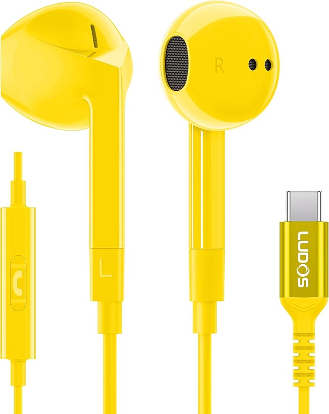LUDOS FEROX USB C Headphones for iPhone 16 15 Pro Max Plus iPad Pro, 5 Years Warranty, Magnetic USB-C Earbuds for Samsung Galaxy S24 S23 Ultra S22 S21 S20 A55 A54 A53, USB Type C Earphones - Yellow