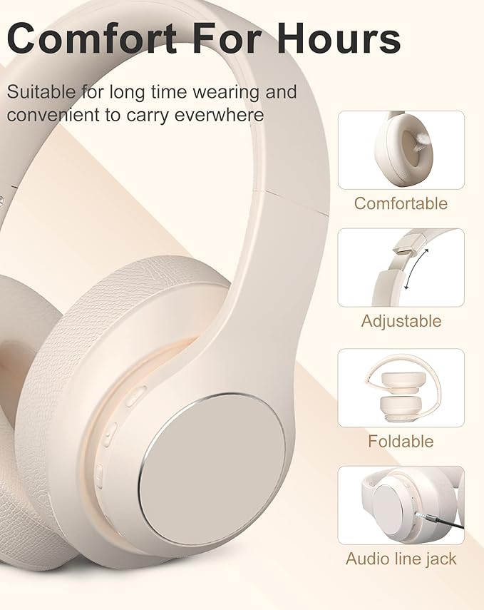 Wireless Bluetooth Headphones Over Ear, 40 Hours Playtime Wireless Light Weight Headset with HiFi Stereo Sound for Travel Work (Beige