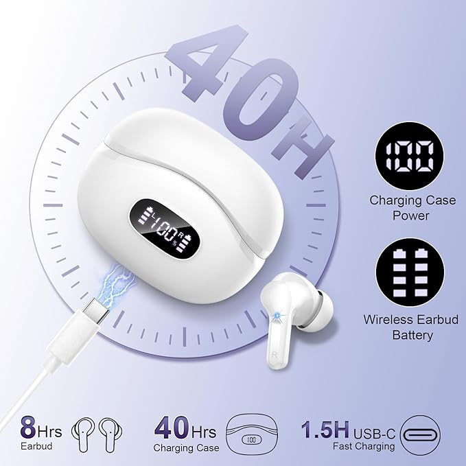 i63 Wireless Earbuds, Bluetooth 5.3 with ENC Noise Cancelling Mics, 40H Playtime, IP7 Waterproof, Touch Control, LED Display, In Ear Headphones, White