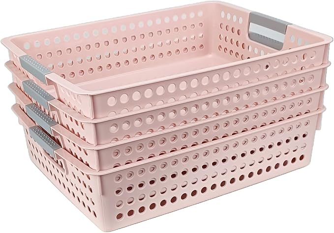 Turn in Trays Classroom, 4Pcs Paper Trays for Classroom, Book Baskets for Library, Drawers, Office, Home (Pink)