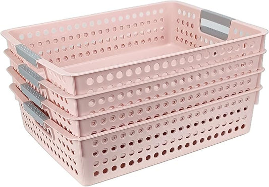 Turn in Trays Classroom, 4Pcs Paper Trays for Classroom, Book Baskets for Library, Drawers, Office, Home (Pink)