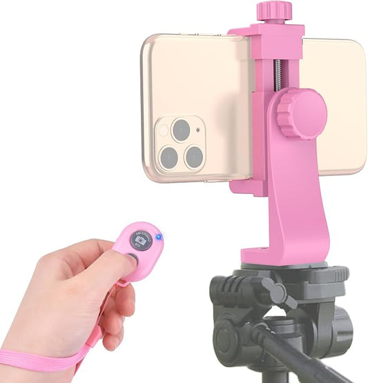 Universal Phone Tripod Mount Adapter with Ｗireless Camera Remote, Cell Phone Holder with Adjustable Clamp for Selfie Stick Monopod Compatible with iPhone, Samsung and so on -Pink