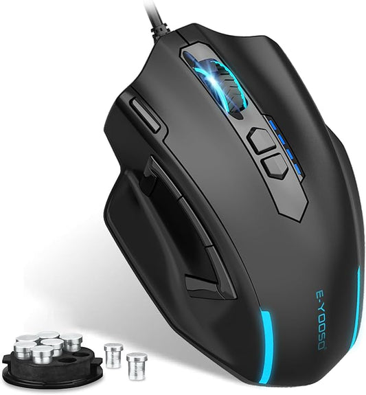 E-YOOSO Wired Large Gaming Mouse, Big Gamer Mouse with Rapid Fire Button, 5 Side Buttons, 12400 DPI, 5 Backlit Modes, 11 Programmable Macro Shortcuts, Adjustable Weights, Comfort Grip for Windows