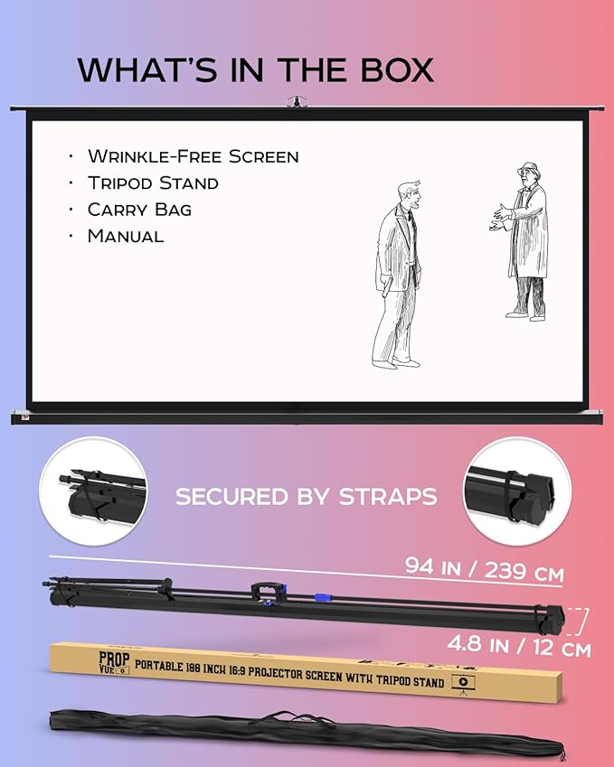 100 Inch Indoor and Outdoor Projector Screen with Stand for Movies or Presentations - HD Premium 16:9 Folding Free Tripod Screen with Carry Bag and Straps, Matte