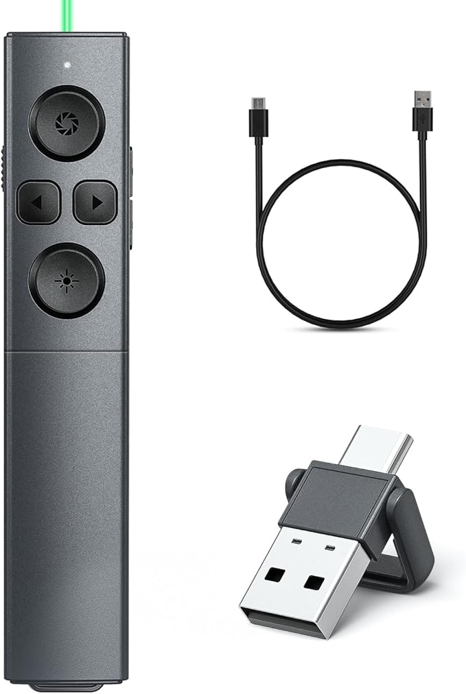 2 in 1 USB Type C Presentation Clicker with Green Light Pointer, Rechargeable Presentation Clicker Wireless Presenter Remote Clicker, 2.4GHz Clicker for Powerpoint Presentations, Google Slide Advancer